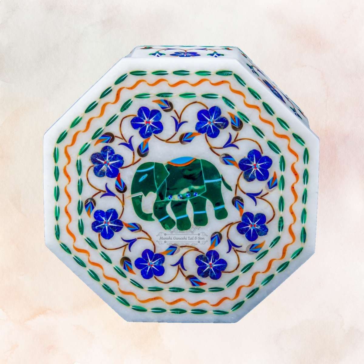 Elephant Design Octagon Shape Marble Jewellery Box